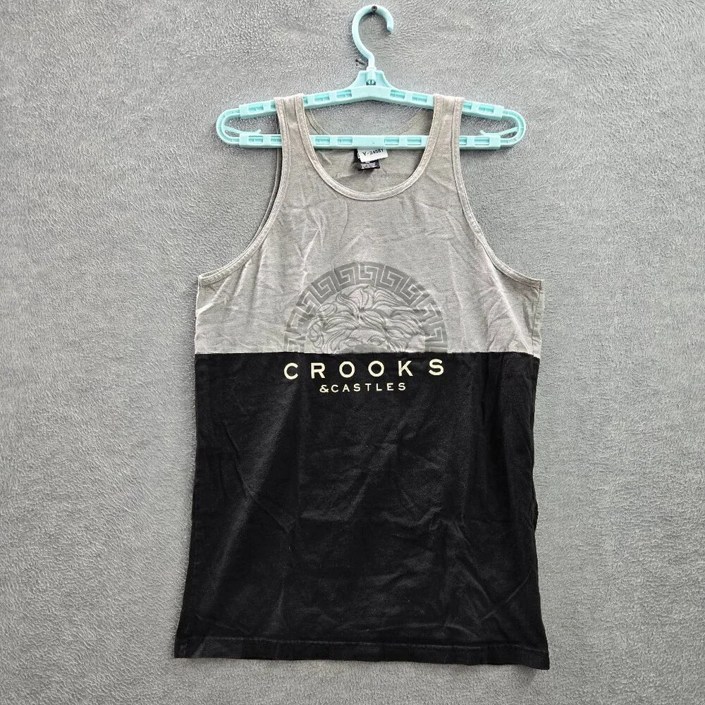 Crooks & Castles Men Tank‎ Top M Gray Colorblock Medusa Text Logo Sleeveless